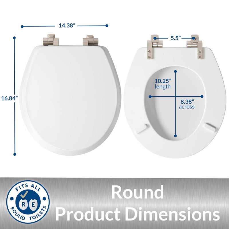 Mayfair Bennett Toilet Seat with Brushed Nickel Hinges, Slow Close Wood Seat, Secure Metal Hinges, Easy Install, Made in USA, Round, White - Image 5